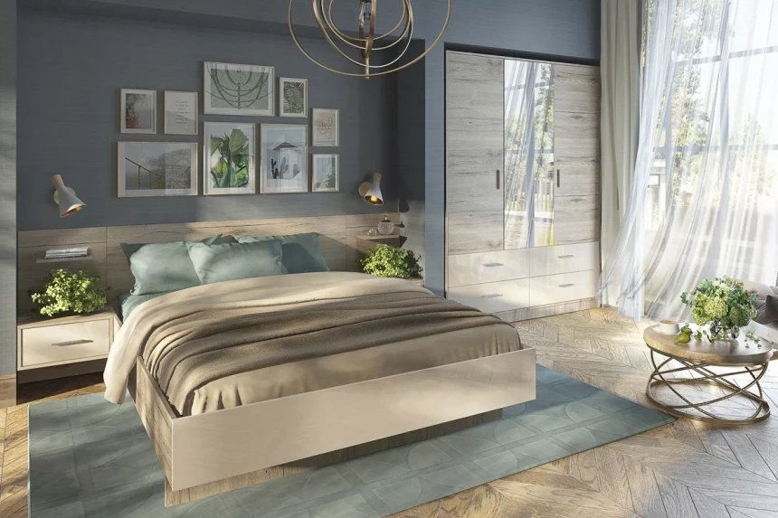 Шкаф трехдверный с зеркалом и ящиками Лациа, Дуб санремо / Крем бежевый