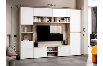 Модульная гостиная Алетра, комплектация 2, дуб крафт серый / глянец белый 