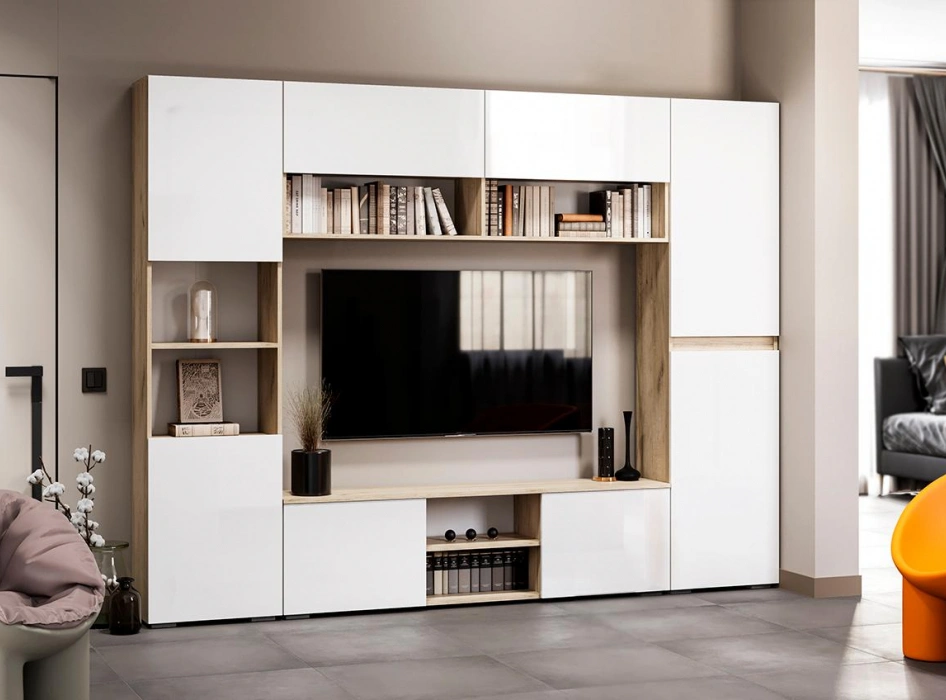 Модульная гостиная Алетра, комплектация 2, дуб крафт серый / глянец белый 