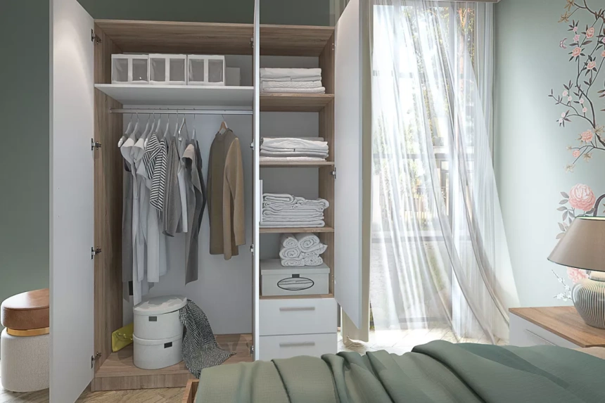 Шкаф трехдверный с ящиками Илга, Дуб сонома / Белый