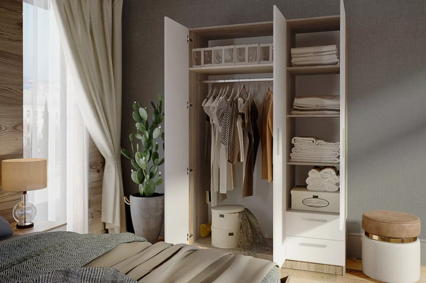 Шкаф трехдверный с ящиками Илга, Дуб сонома / Белый