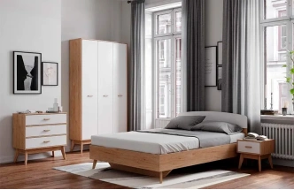 Спальный гарнитур Калгари, композиция #3, дуб натуральный светлый / белый матовый