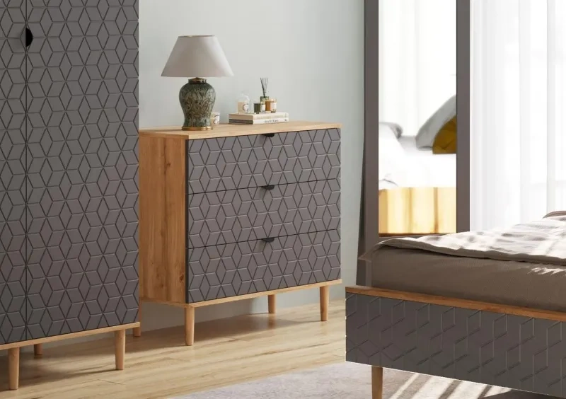 Комод Денвер, на ножках, с тремя ящиками, луб вотан / графит