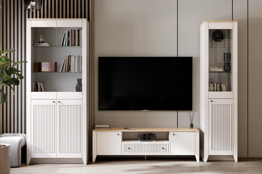 Шкаф-витрина Валенсия, левый, персидский жемчуг / дуб натуральный светлый