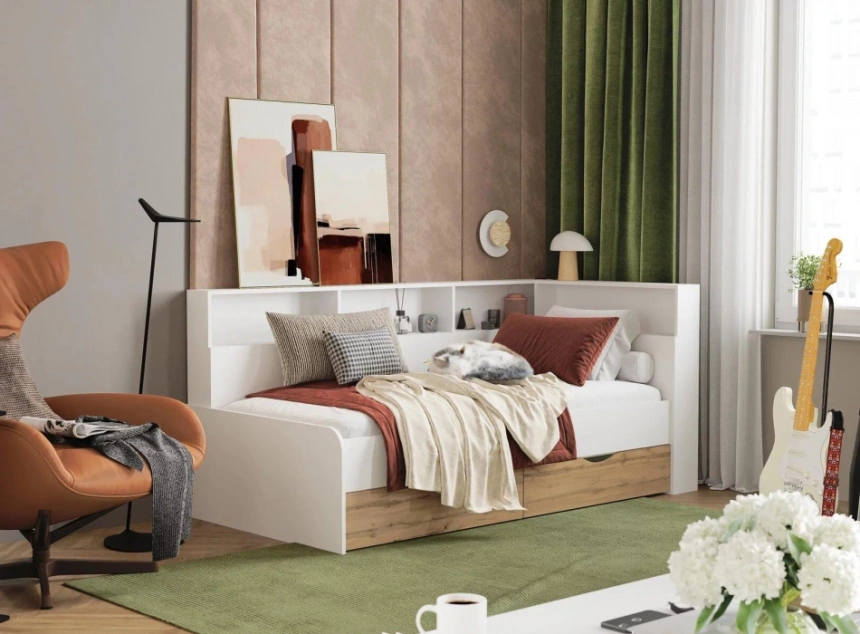 Кровать-тахта Амер, 190x80, белый / дуб вотан