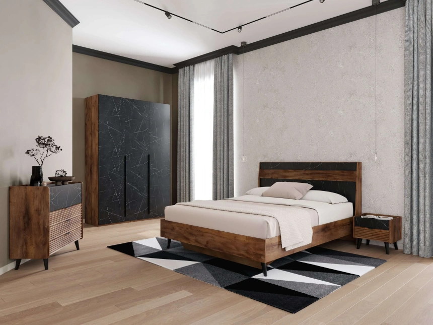 Кровать Браун, двуспальная, таксония / мрамор неро маркина