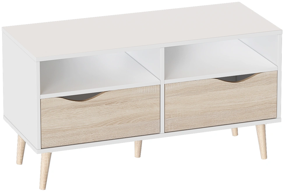 Тумба под ТВ малая Соната, с полками и ящиками, белый фон / дуб сонома