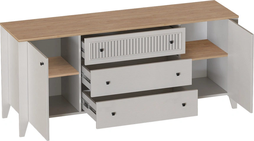 Тумба ТВ Валенсия, с тремя ящиками и полками, персидский жемчуг / дуб натуральный светлый