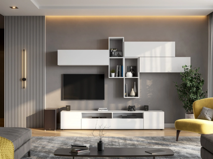 Тумба под ТВ Валенсия, с полками, белый текстурный