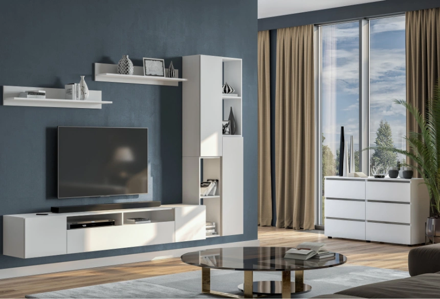 Тумба под ТВ Валенсия, с полками, белый текстурный