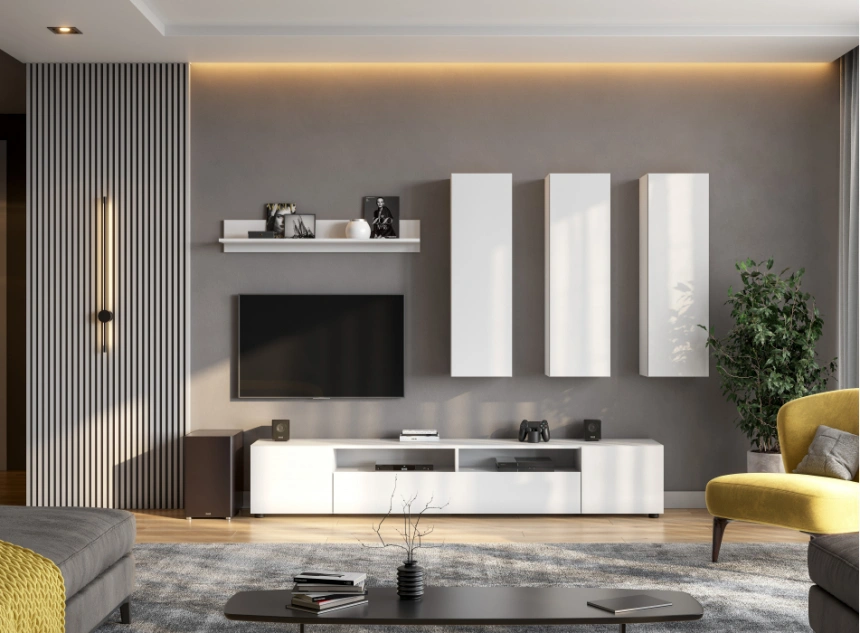 Тумба под ТВ Валенсия, с полками, белый текстурный