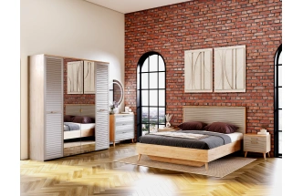 Шкаф четырехдверный Гавана, с зеркалом, дуб натуральный светлый / светло-серый софт