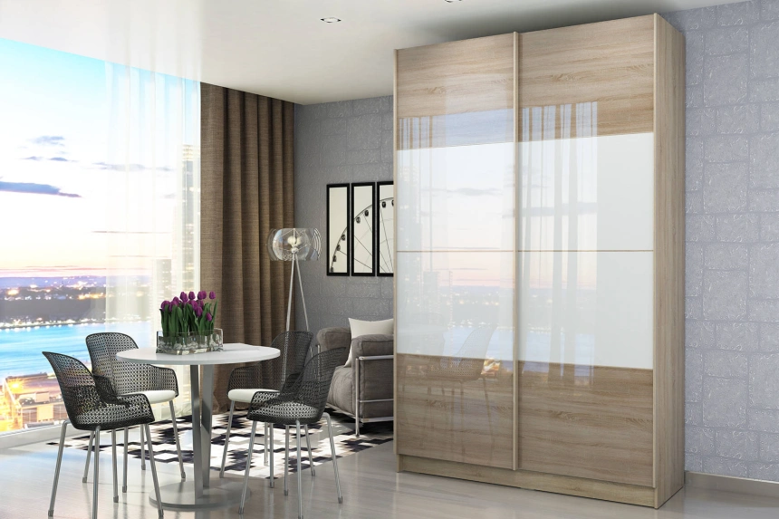 Шкаф-купе Марвин-3, двухдверный, 163x220, Дуб сонома / Белый глянец / Дуб светлый