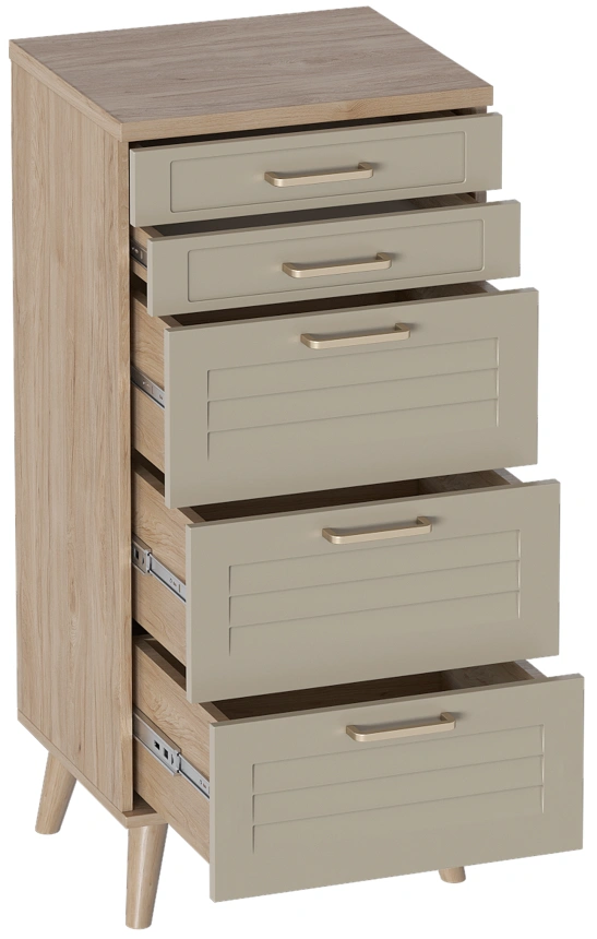 Комод Гавана, на ножках, с пятью ящиками, дуб натуральный светлый / светло-серый софт