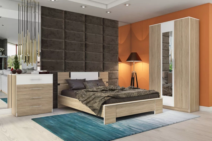 Шкаф Оливия трехдверный с зеркалом, Дуб сонома/Белый