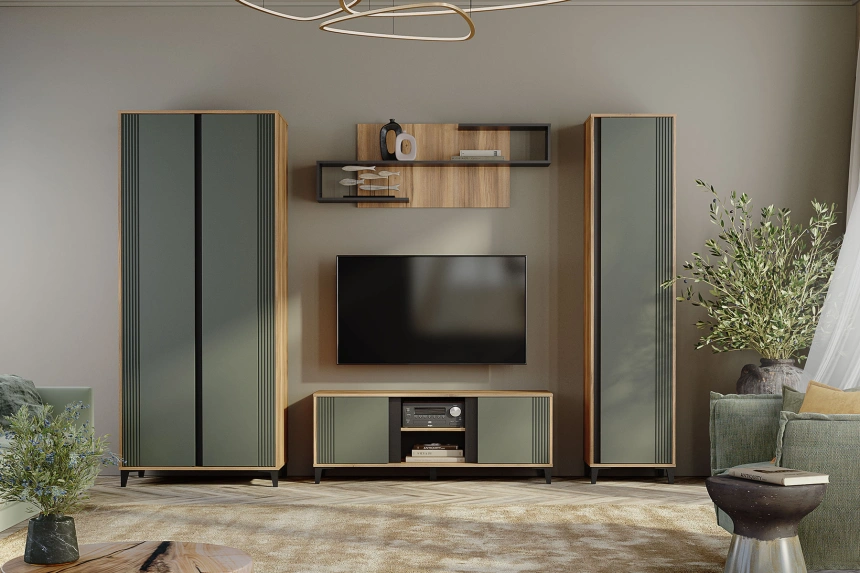 Тумба под ТВ Богемия, с полками, Дуб барокко / Зелёный