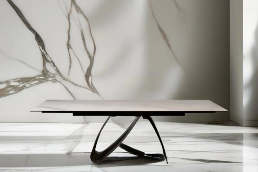 Обеденный раздвижной стол 169DT-92055, 160(240), керамика, бежевый мрамор / черный