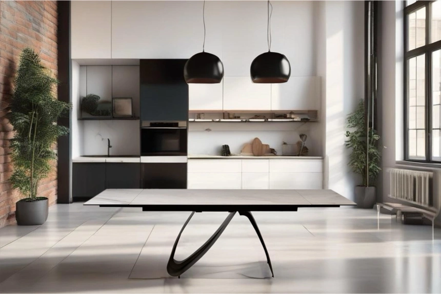 Обеденный раздвижной стол 169DT-92055, 160(240), керамика, бежевый мрамор / черный