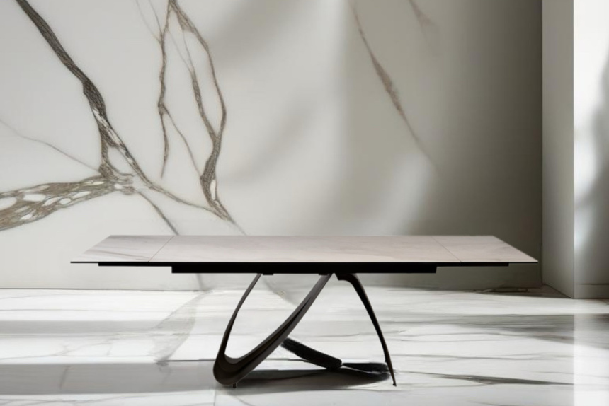 Обеденный раздвижной стол 169DT-92055, 160(240), керамика, бежевый мрамор / черный