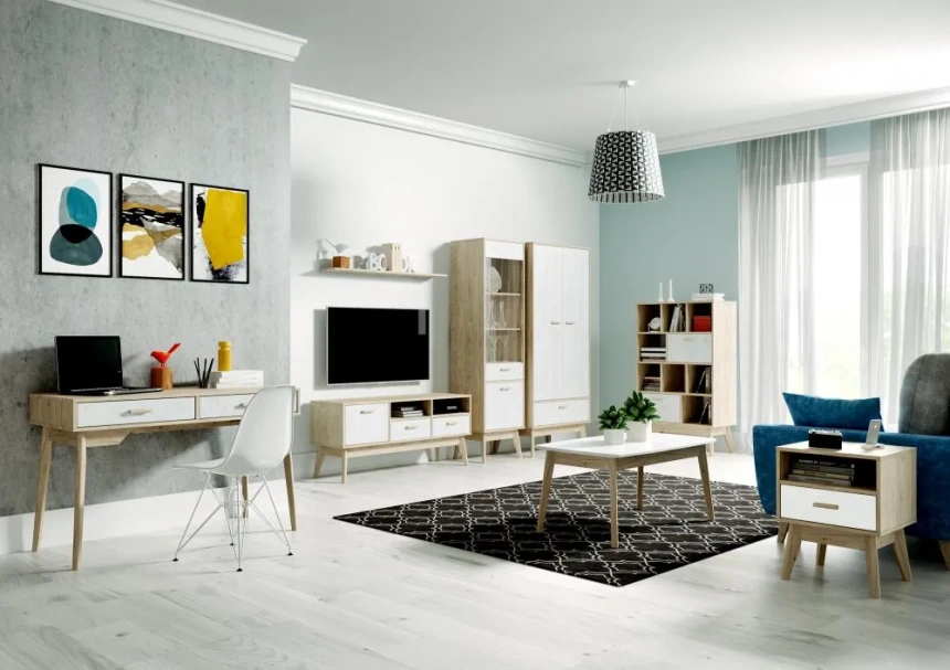 Тумба под ТВ Калгари, дуб светлый / белый матовый