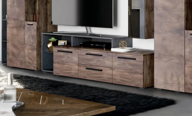 Тумба под ТВ Глазго, с ящиками и полками, металл бруклин / таксония