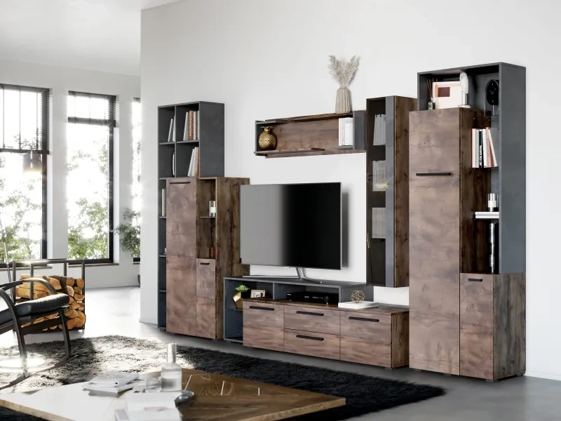 Тумба под ТВ Глазго, с ящиками и полками, металл бруклин / таксония