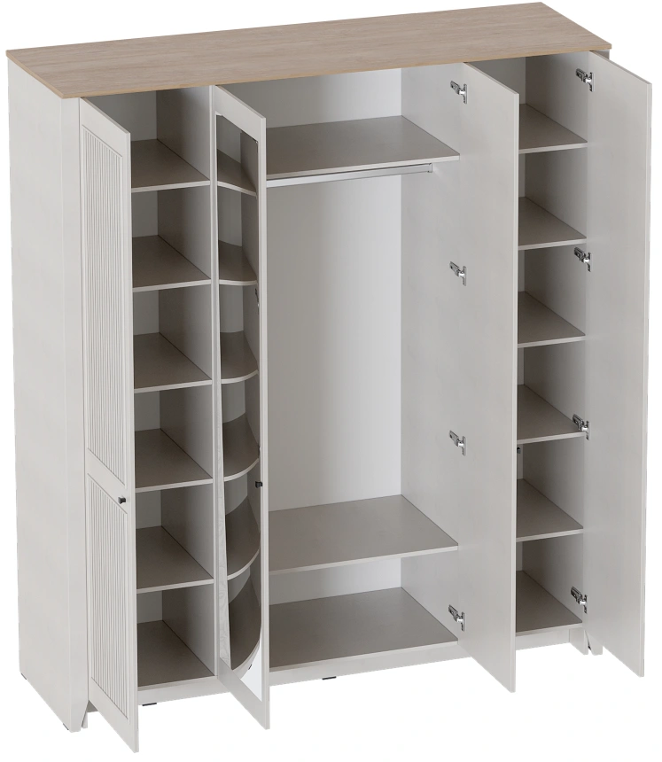 Шкаф четырехдверный Валенсия, распашной с зеркалом, персидский жемчуг / дуб натуральный светлый