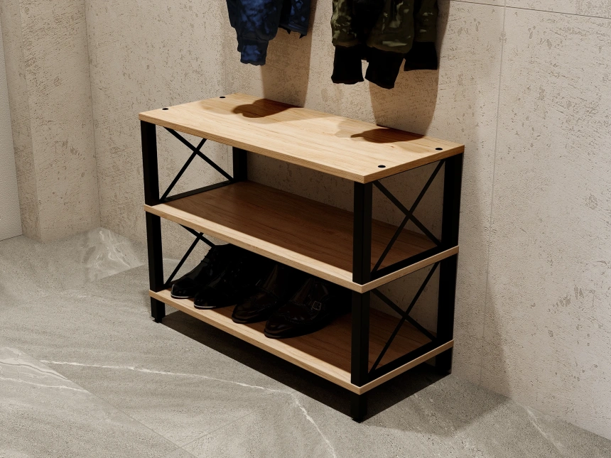 Обувница БОНН, открытая, дуб светлый / черный