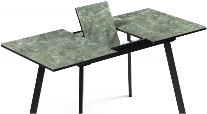 Кухонный раздвижной стол Агни, 110(140)х68х76, стекло, королевский мрамор / черный матовый