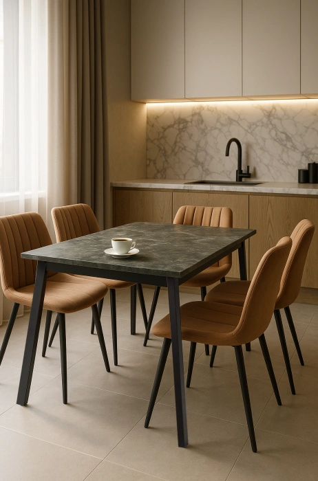 Кухонный раздвижной стол Агни, 110(140)х68х76, стекло, королевский мрамор / черный матовый