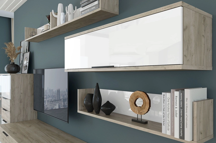 Полка навесная Альянс, 119x33x34, Дуб крафт / Белый глянец