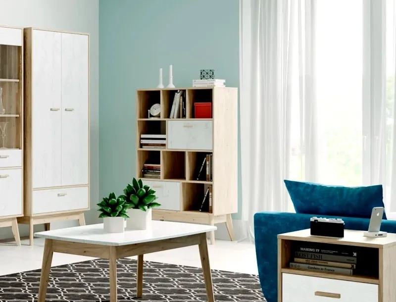 Модульная гостиная Калгари 2, дуб натуральный светлый / белый матовый