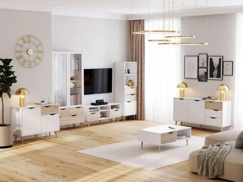 Тумба под ТВ Соната, с ящиками и полками, белый фон / дуб сонома