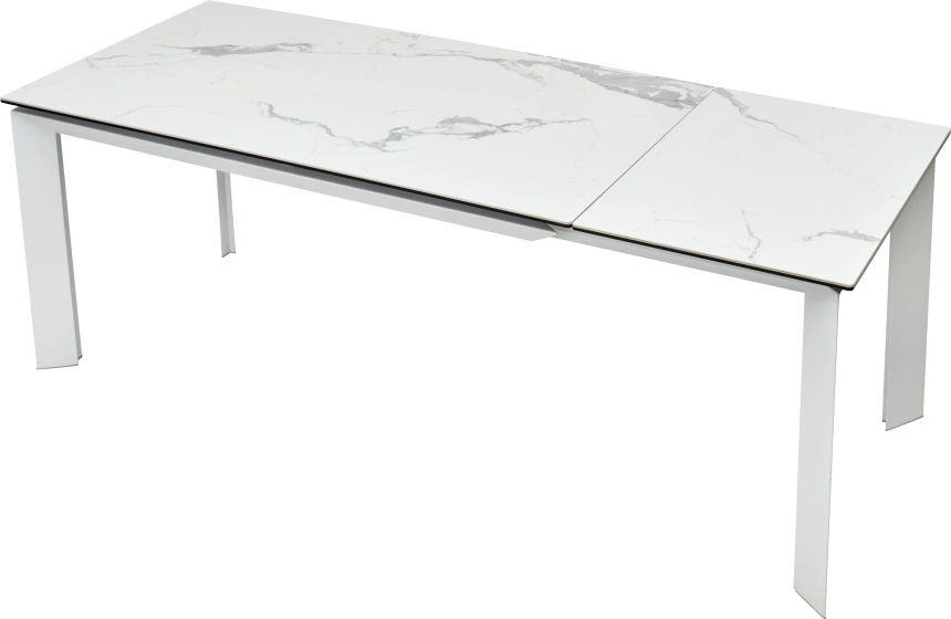 Кухонный стол раздвижной Cremona 140, High Gloss Statuario Белый мрамор глянцевый, керамика, белый каркас