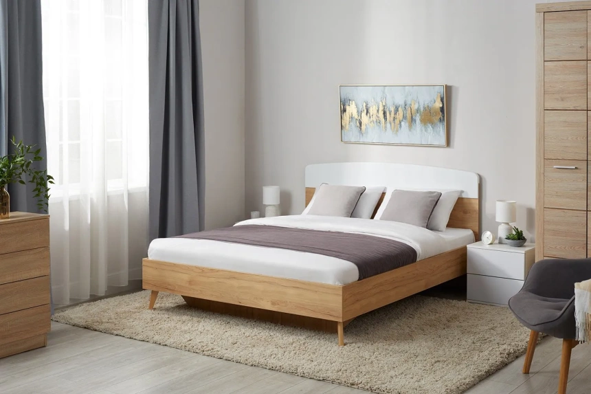 Кровать Калгари 140, полутораспальная, дуб натуральный светлый / белый матовый