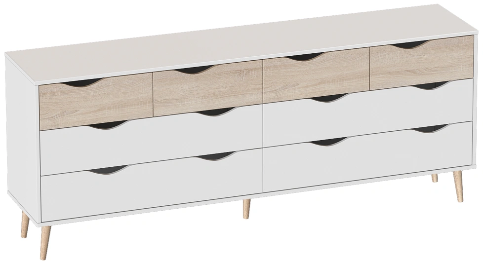 Комод Соната, на ножках, с восьмью ящиками, белый фон / дуб сонома