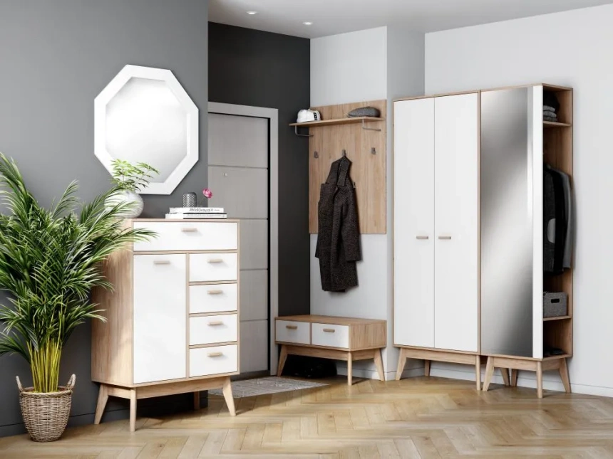 Зеркало Калгари, настенное, октагон, дуб светлый / белый матовый