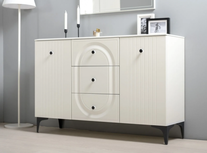 Комод Вестра, с тремя ящиками и полками, белый pe шагрень / белая шагрень