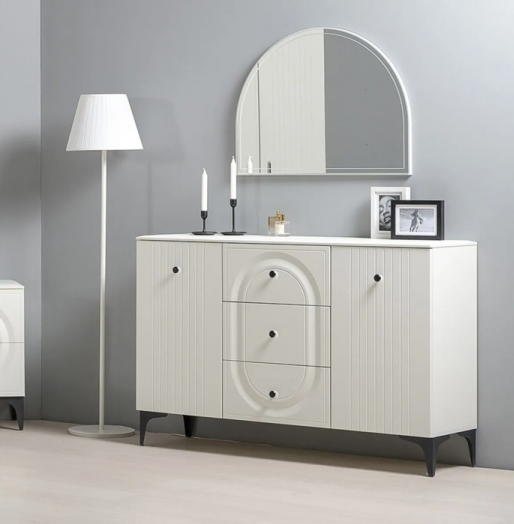 Комод Вестра, с тремя ящиками и полками, белый pe шагрень / белая шагрень