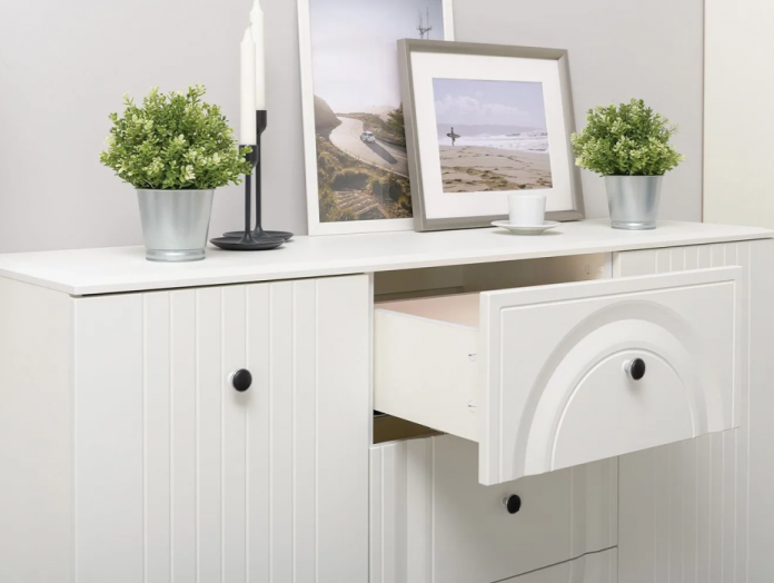 Комод Вестра, с тремя ящиками и полками, белый pe шагрень / белая шагрень