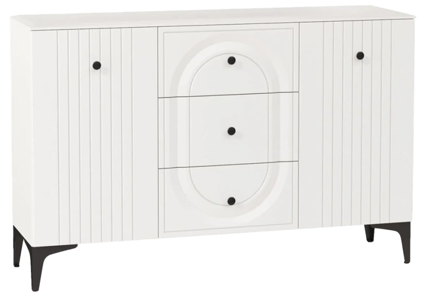 Комод Вестра, с тремя ящиками и полками, белый pe шагрень / белая шагрень