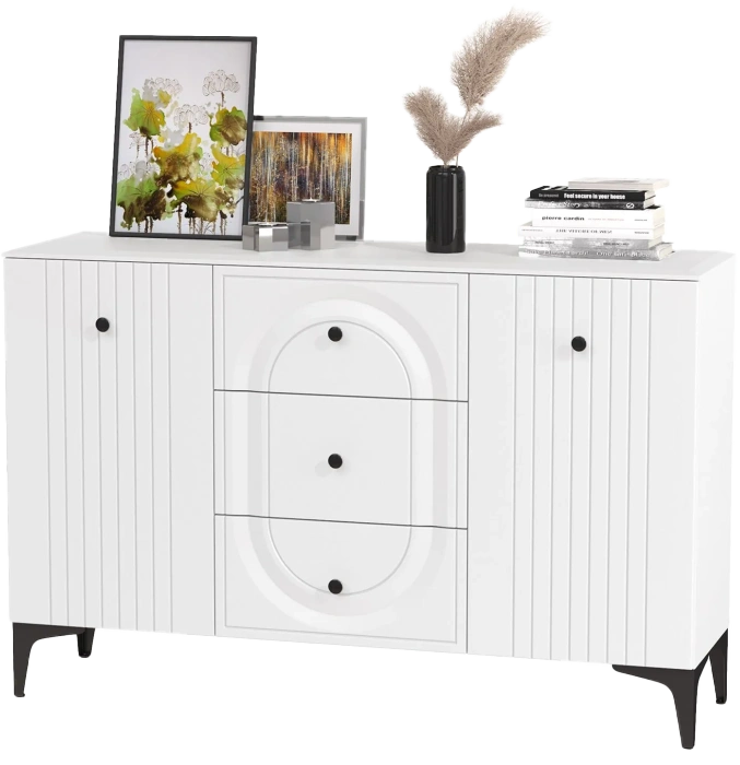 Комод Вестра, с тремя ящиками и полками, белый pe шагрень / белая шагрень