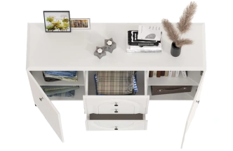 Комод Вестра, с тремя ящиками и полками, белый pe шагрень / белая шагрень