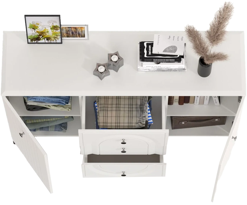 Комод Вестра, с тремя ящиками и полками, белый pe шагрень / белая шагрень