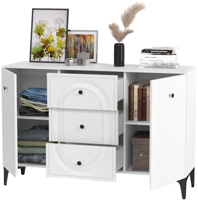 Комод Вестра, с тремя ящиками и полками, белый pe шагрень / белая шагрень