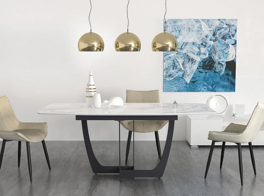 Кухонный обеденный раздвижной стол Миссандея, 140(180)х85х76, графит / белый мрамор