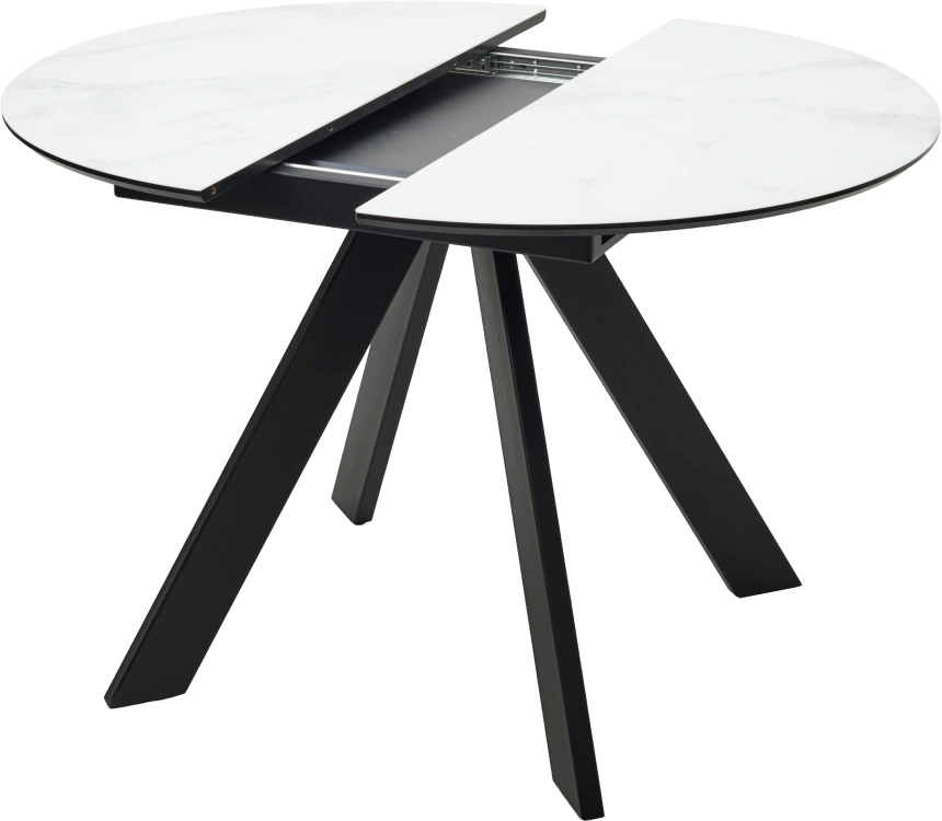 Кухонный стол раздвижной Бонжур 100, белый мрамор, черная шагрень, стекло, черный каркас