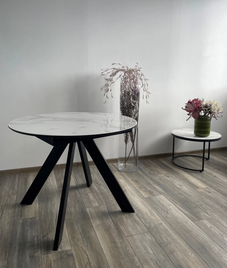 Кухонный стол раздвижной Бонжур 100, белый мрамор, черная шагрень, стекло, черный каркас