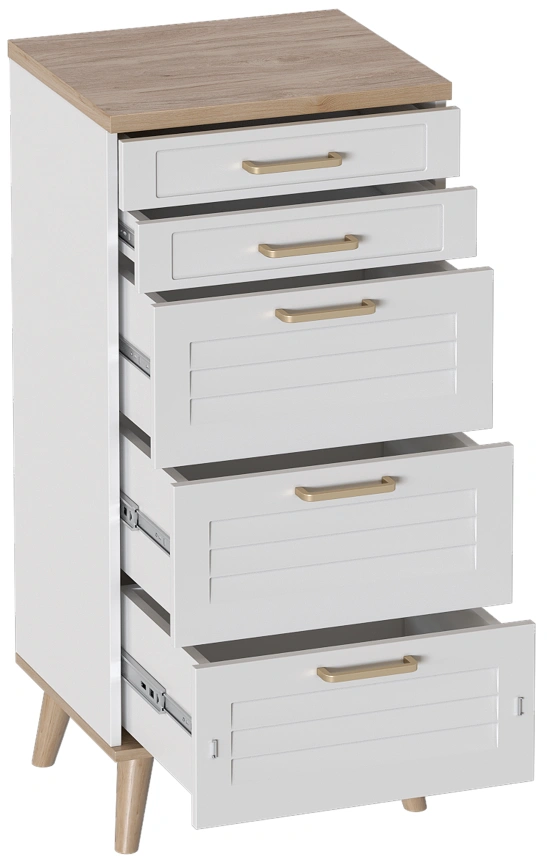 Комод Гавана, на ножках, с пятью ящиками, дуб натуральный светлый / белый матовый