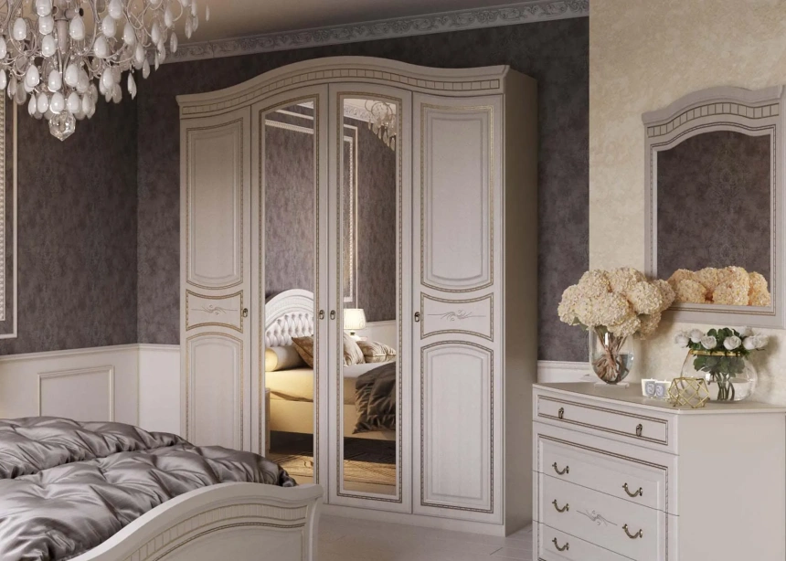 Шкаф четырехдверный Николь, для одежды, ясень жемчужный / ваниль